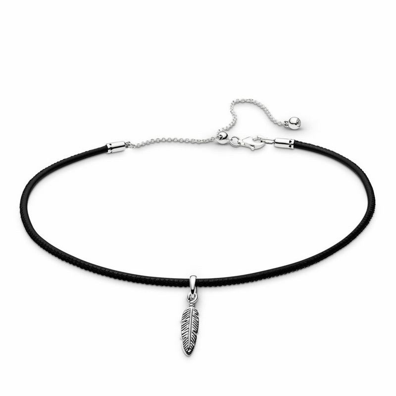 Pandora Black Leather Choker Necklace & Feather Pendant Ireland - Sterling Silver/Leather/Black/Cubi